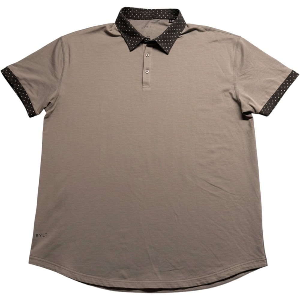 BYLT Basics Drop Cut Lux Polo Shirt Brown Polka Dot Trim XXL Mens Short Sleeve
